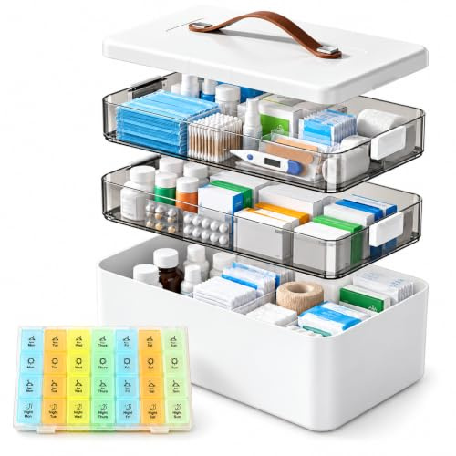 Medikamentenbox 3 Etagen 34x22x25,5cm, Medizinbox mit Tragegriff, Weiß | Medikamentenaufbewahrung mit Deckel für Pflaster, Salben und Verbände, griffbereit zu Hause, im Büro und auf Reisen