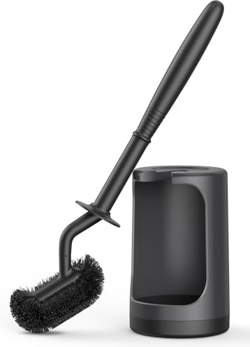 HAMITOR Toilet Bowl Brush Holder Set: Curved Design with Holder for Deep Cleaning Under Rim - Compact Hidden Scrubber for Small Space - Modern RV Bathroom Accessories - Black