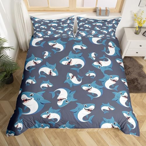 Homewish Cartoon Haie Bettbezug Ozean Tierdruck Bettwäsche Set 135x200 für Kinder Jungen Mädchen,Küste Marine Wildlife Tröster Abdeckung Niedliche Unterwasserwelt Bett Set Blau Grau