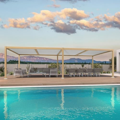 Bioclimatic - Pergola in alluminio, 3,5 x 8,5 m, impermeabile, con tetto a feritoie regolabile, elegante terrazza e tettoia per posto auto coperto, effetto legno