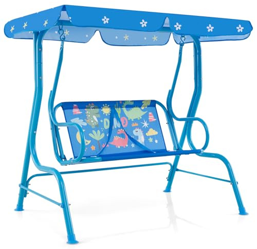 DREAMADE 2-Sitzer Kinder Hollywoodschaukel, Kinderschaukel mit verstellbarem Dach, Metallständer & Sicherheitsgurten, Outdoor-Schaukelsitz für Hinterhof, Garten, Balkon (Blau)