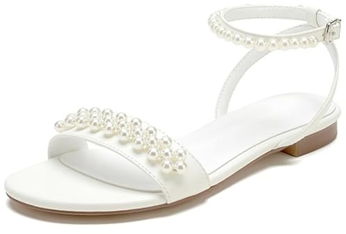 Sandales Femme À Semelle Plate Escarpins Perles Bride À La Cheville Bout Rond Sandales De Mariage Chaussures Robe De Mariage pour Cérémonie De Mariage & Réception,Blanc,41 EU