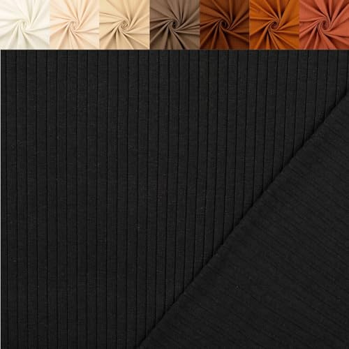 generisch Rippjersey Uni - Jersey Stoff Meterware Rippen - Baumwolljersey einfarbig - Gerippter Stretchstoff, Rippenstrick, Rippstoff *ab 50cm, Farbe: 069 schwarz