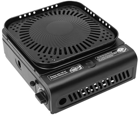 LKHDONG Campingkocher Gas Outdoor Gasgrill Camping Gasherd Gaskocher 1-flammig inkl. Tragbarer Tischgrill Camping Herd Set mit Grillplatte und Tragekoffer (Schwarz)