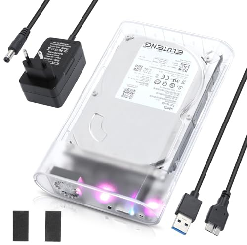 ELUTENG Case SSD 3.5 SATA USB 3.0, 5Gbps Case Hard Disk Esterno per SATA 3,5'' e 2,5'' SSD HDD Fino a 24TB con Illuminazione RGB, Supporto UASP/TRIM, Nessuno Strumento Case Disco Rigido (Trasparente)
