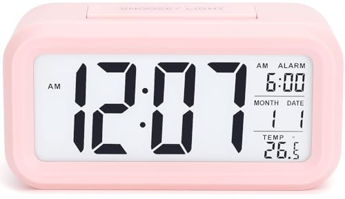 DTL Digital Alarm Clock LED Display with Temperature Big LCD Digit Display Larger LCD Backlit Display Snooze Smart Brightness Sensor for Bedroom Home Office and Travel (Baby Pink)