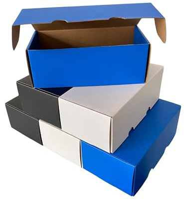 HIVLIK 6 Pack Trading Card Storage Box, Cardboard Card Storage Boxes, Card Collection Boxes for Baseball, Football, Basketball Card Storage – White/Blue/Black – Holds 2400+ Cards Total