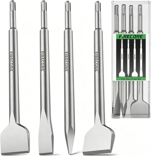 SDS Plus Chisel Set 4 Pcs, Firecore 250mm Straight & 10° Angled Flat Chisels, Narrow Flat Chisel, Point Chisel, Heavy Duty Demolition Tools for Concrete, Wall, Tile Removal, Grooving and Breaking