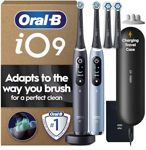 Oral-B iO9 Electric Toothbrushes for Adults, Black Onyx & Sapphire Blue | 2 Handles, 4 Toothbrush Heads, Fast Magnetic Charger, Charging Travel Case & Charger Pouch, UK Two Pin Plug
