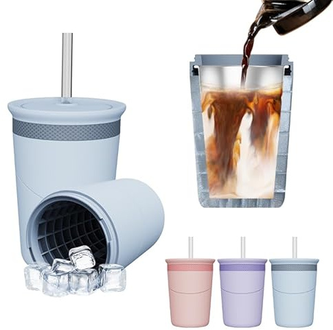 PORUPAEL Silicone Ice Cube Cylinder Cup - 500ml Stainless Steel Liner with Lid & Straw, Dual-Function Ice Maker Cup, Chilling Drink Cup for Coffee Juice, Dishwasher Safe (Blue)