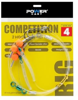 Power Cast Competition 2 Hook Flapper Sea Fishing Rig, 80LB Main Line, Power Swivels, Beads, Hook Size 2, 4, 1/0, 4 Pack