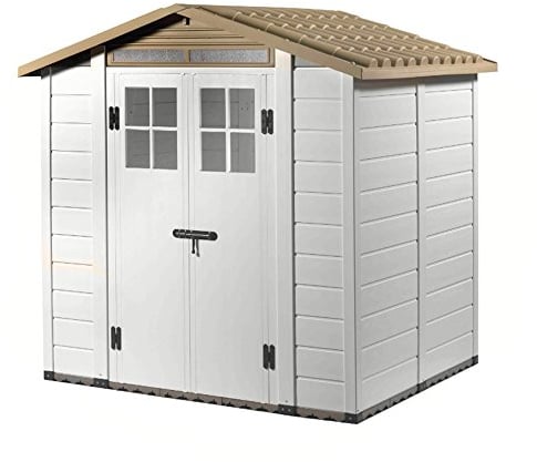 Casetta da Giardino Tuscany Evo 200 in PVC con Pavimento, 3.98m² Capanno da Giardino con 2 Porte e Serratura, Capannone per Porta Attrezzi, Patio, Cortile, Esterno (H. 216 x L. 220 x P. 181 cm)