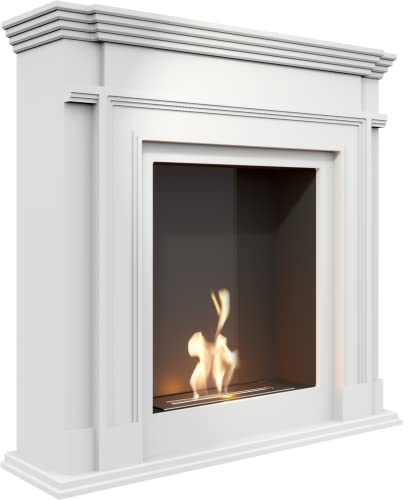 KRATKI Legionis Indoor Bio Ethanol Portalkamin | Freistehende Feuerstelle | MDF-Gehäuse mit Stahleinsatz, 0,75 ll Biosafe-Behälter, TÜV-geprüft | 113 x 115 cm, Weiß