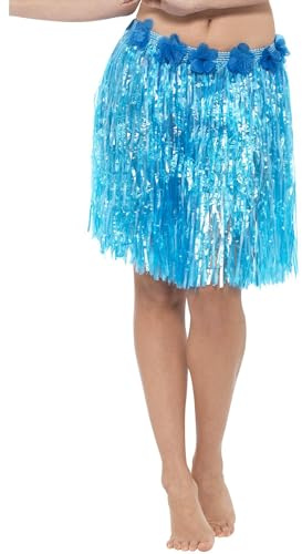 Hawaiian Hula Skirt with Flowers, Neon Blue