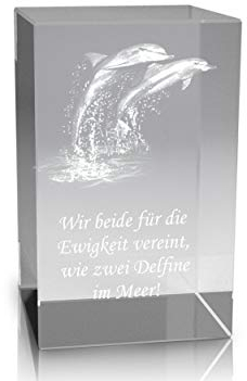 VIP-LASER 3D Glaskristall Quader XL mit Zwei Delfinen/Delphinen und Spruch Wir beide für die Ewigkeit vereint wie Zwei Delfine im Meer! für die Ewigkeit in Glas graviert!