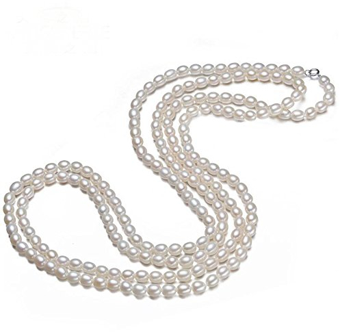 JYX Perlenkette lang echte 7–8 mm Oval Halskette Süßwasser Zuchtperle weiß Endless Pullover Kette 121,9 cm