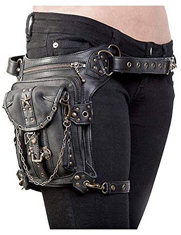Haobing Unisex Gothic Hüfttaschen Steampunk Tasche Freizeit PU Leder Satchel Umhängetasche Radfahren Joggen Vintage Schultertasche (Schwarz, Eine Größe)
