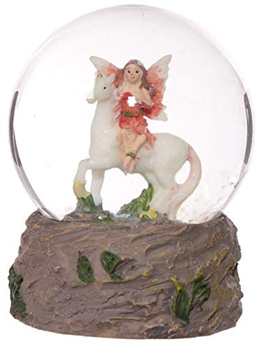 Glitzerkugel Elfe auf Einhorn, gelbe Blumen, Schneekugel Figur Schneekugeln Fee Fairy Märchen