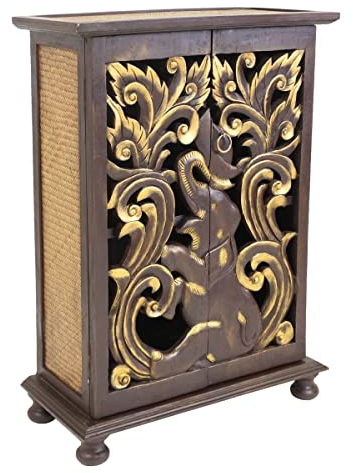 Oriental Galerie Schrank Flurschrank Holzschrank Kommode Carving Elefant 90 cm Blattgold Holz Rattan Braun Gold Schnitzerei