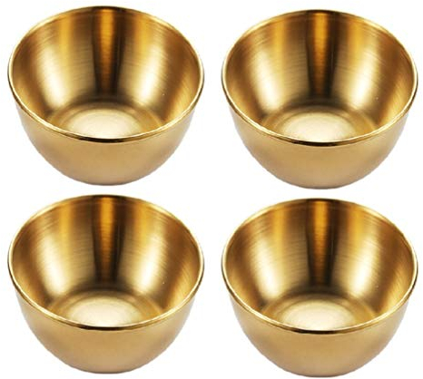 BESTonZON 4 Stück Edelstahl Dip Schalen Runde Gewürzschalen Sushi Tauchschale Untertassen Mini Vorspeise Teller Gold - Stapelbar Und Spülmaschinenfest Für Sojasauce, Ketchup Und Snacks