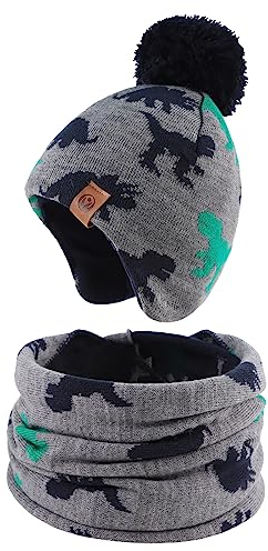 XIAOHAWANG Baby Strickmütze Winter Babymütze Junge Warme Kindermütze Junge Beanie Mütze Dicke Wintermütze für Herbst,Winter (Grau Dinosaurier(Hut+Schal), 4-7Jahren)