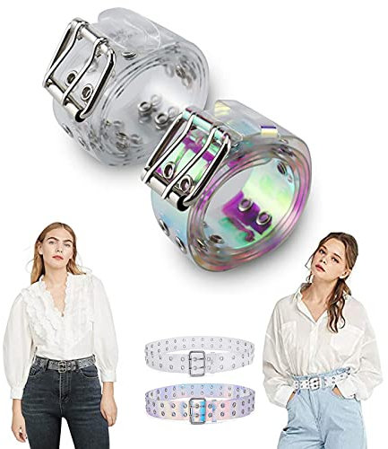 2 Stück Transparenter Damengürtel, Transparenter PVC-Gürtel, Damenmode Gürtel, Damen Gürtel Mode Doppelter Ösengürtel Rock Gürtel Gürtel mit Löchern/Langer Kette für Frauen, Teenager, Mädchen