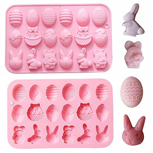 Silikonform für Ostern, 2 Stück, Ei, Kaninchen, Hase, Form für Schokolade, Süßigkeiten, Kuchen, Fondant, Gelee, Pudding, manuelle Seife, Bomben, Herstellung von Oster-Party-Dekoration (Rosa)