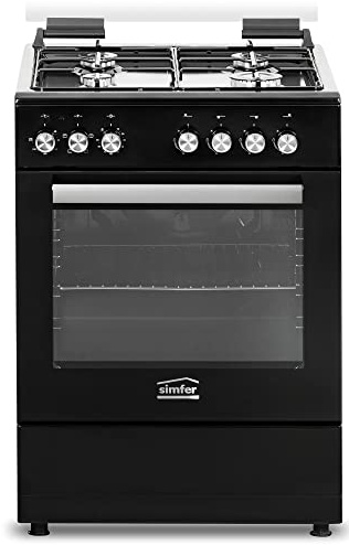 Simfer FS 6031-1 Schwarz, 60 cm Standherd, Gaskochfeld mit Elektro-Backofen, 66 Liter Garraum, Grillfunktion, Seitengitter, Mechanischer Timer, Elektrische Taktfunkenzündung