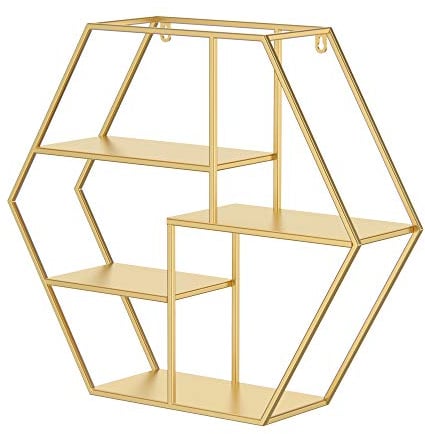 Yumyolk Wandregal Gold, Hexagon Wandregal, Metall Wanddeko Hängeregal, Vintage Industrial Style für Küche, Badezimmer & Wohnzimmer