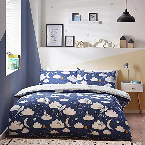 Peter Rabbit™ Sleepy Head Duvet Cover Set – Reversible Moonlit Cloud Polycotton Children’s Bedding (Blue – Single – 135x200cm)