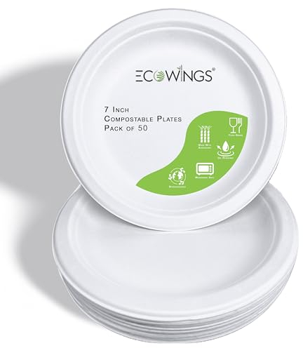 7 inch Disposable Plates, Eco-Friendly Paper Plates Made from Sugarcane Bagasse. Perfect for Appetisers & Desserts! Pack of 50 - Strong Compostable Plates
