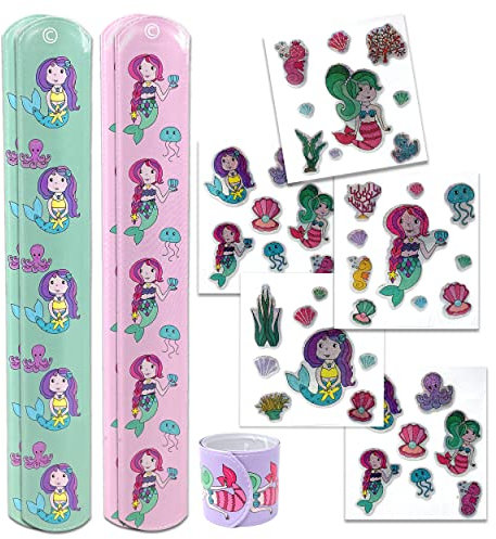 TOBJA Meerjungfrauen-Schnapparmbänder und Sticker-Set für Kinderpartys und Geburtstage - 5 Armbänder und passende Sticker-Sets im wunderschönen Design