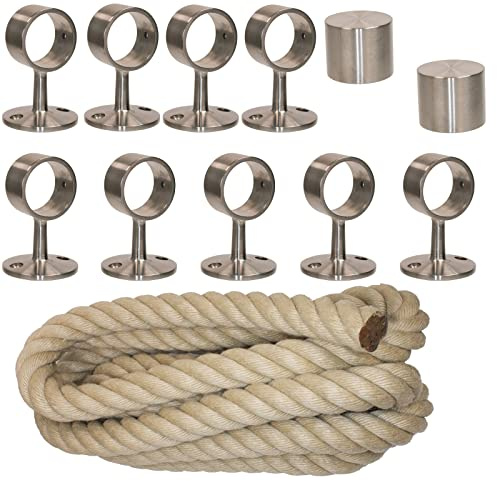 Handlaufseil Set Ø 40 mm – 9 m Nature Touch Polyhanf naturfarben – UV- & witterungsbeständig – inkl. 2 Endkappen, 9 Edelstahl-Seilträgern sowie Schrauben und Dübel – für Treppen und Geländer