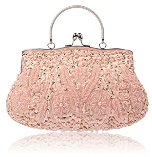 CORIOS Damen Handgemachte Perle Handtasche Floral Abendtasche Vintage Clutch Tasche Elegante Schultertasche Klein Tasche Kette Umhängetasche Hochzeit Bankett-Party Abschlussball Tasche Champagner