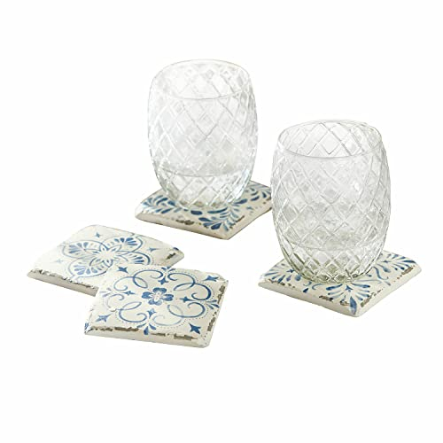 LOBERON Untersetzer 4er Set Évry, Mediterrane Kacheln, vier Designs, Handbemalt, Urlaubsflair, Küchenutensilien, Tischaccessoires, Polyresin, Kork, weiß/blau