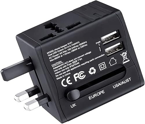 Adaptador de Viaje, Adaptador Enchufe Universal, Enchufe de Viaje para más de 200 países, Compatible con EU/UK/EEUU/AUS, Adaptador Enchufe con 2 Puertos de USB