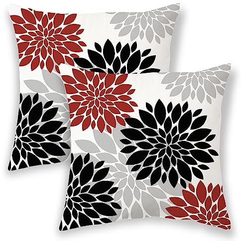 Rote schwarze Kissenbezüge, 40,6 x 40,6 cm, 2 Stück, Sommer, geometrisch, elegant, Dahlie, dekorative Wurfkissen, grau-farbige Blume, Outdoor-Dekoration, Kissenbezug, Leinen, quadratischer