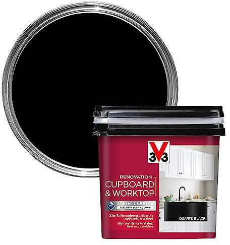 V33 Renovation Cupboard & Worktop Paint - No Undercoat Needed - High Resistance To Water Stains & Scratches - Ultra Washable - Quartz Black 750ml