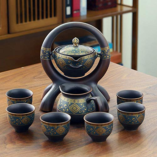 8 Pcs/Set Retro Ceramic Lazy Man Tea Set Portable Semi-Automatic Tea Infuser Oolong Tea Cups Household Filters Porcelain Teaware-J (I)