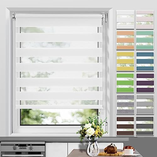 Allesin Doppelrollo Klemmfix Rollos ohne Bohren & mit Bohren, Weiß 70x200cm (BxH), Klemmrollo Zebrarollo Fensterrollo lichtdurchlässig und verdunkelnd, Sonnenschutz und Sichtschutz
