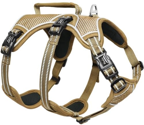 HEELE Hundegeschirr, Ausbruchsicher, Schnalle im Halsbereich, Reflektierend, Brustgeschirr mit Robuster Griff, Panikgeschirr Hund, Hundegeschirr Stabilen Eindruck, Passt wie Angegossen, Braun, L