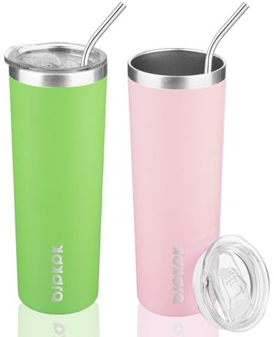 BJPKPK 600 ml Becher mit Deckel und Strohhalm Isolierter Reise Kaffeebecher | Grün+Hellrosa, Edelstahl, Doppelwandig Vakuumisoliert, Auslaufsicher, BPA-frei, Passt in Becherhalter, Ideal für Reisen