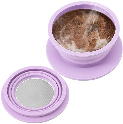 VVGCS Collapsible Paperless Pour Over Coffee Maker with Stainless Steel Mesh Filter, Silicone Camping Coffee Maker Pour Over for 1~2 Cup, Reusable Collapsible Travel Pour Over Coffee Dripper (Purple)