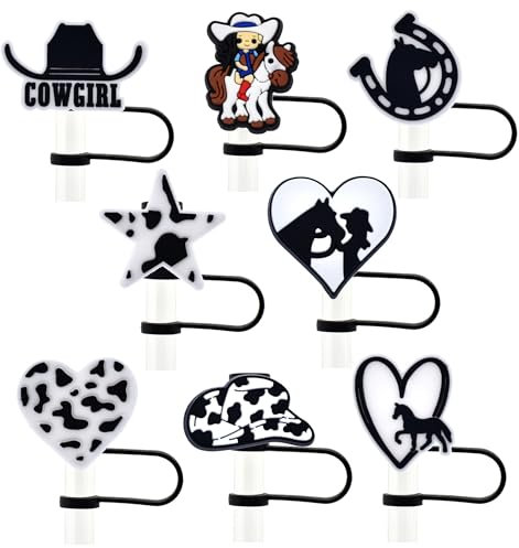 YEALQUE 8PCS Straw Covers,Cowgirl Straw Toppers for Tumblers, Splash Proof Straw Tips, Reusable Drinking Dust Proof Covers for10mm Straws (Cowgirl Theme)