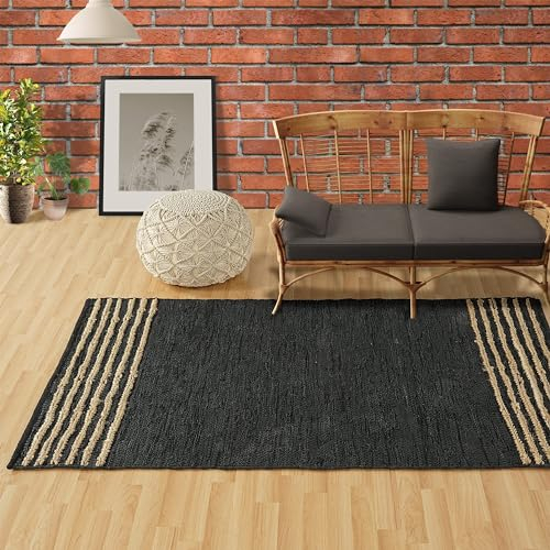 GRUHUM Jute-Teppich, 1,8 x 2,7 m, schwarzes Leder, natürlich, handgewebt