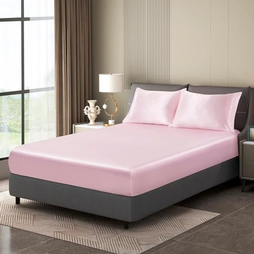 Luowei Satin Spannbettlaken Boxspringbett 140x200cm Sommer Bettlaken Rosa Seidig Seide Kühlend Microfaser Spannbetttuch 140x200 Weich Maschinenwaschbar für Hohe Matratze bis 25-30 cm