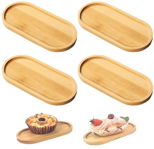 Ksvaye 4 Pièces Plateau Bois Ovales Plateau Bambou Plateau de Service en Bambou pour Nourriture, Tasses, Bijoux, Pots de Fleurs, Café (17.8 * 8.8 * 1.1cm)