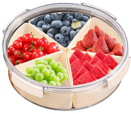 KiKiHong Vassoio da Portata Diviso con Coperchio,Snack Vassoi Contenitore con 5 Piatti Individuali, Vassoio per Snack per Conservare Spezie Secche,Frutta,Noci (Rotondo)