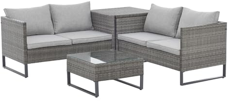 SVITA Kansas Rattanlounge Gartenmöbel Set Sitzgarnitur Outdoor Sitzlounge Terrasse Gartensofa Kissenbox Tisch Polyrattan Stahlgestell Grau