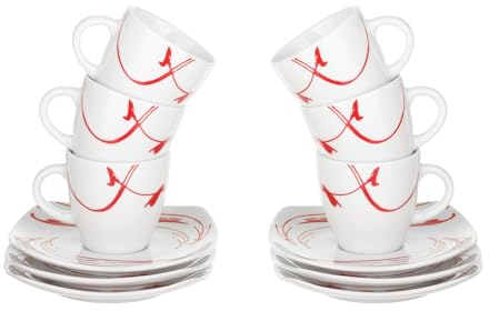Generico Leila - Set di 6 tazze da caffè con piattino in porcellana, colore: Rosso